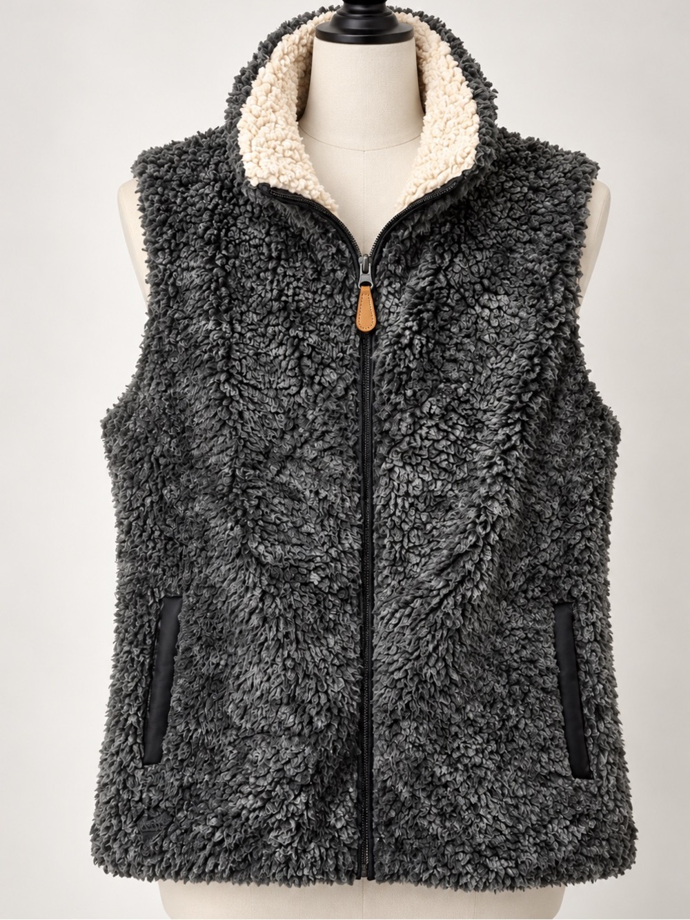 Simply Southern Charcoal Sherpa Vest with Cream Collar Accent